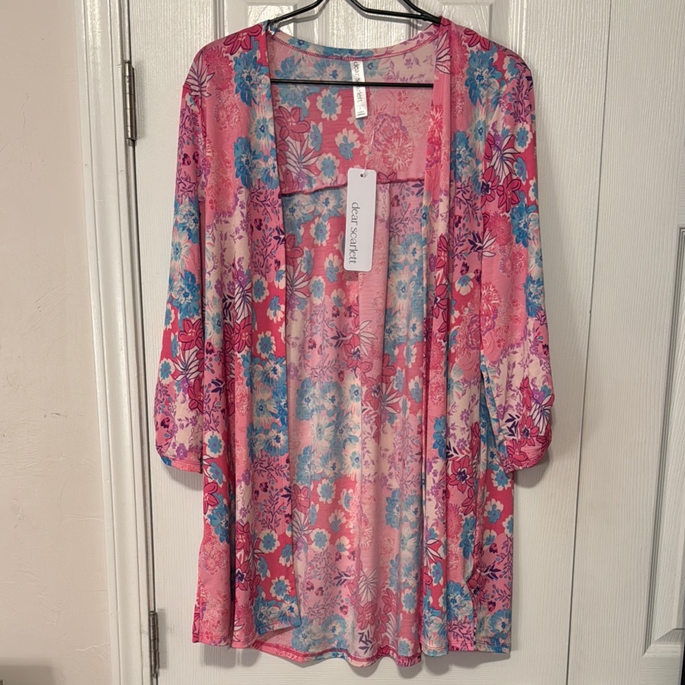 NWOT DEAR SCARLETT Floral Pink and Blue Women's Cardigan